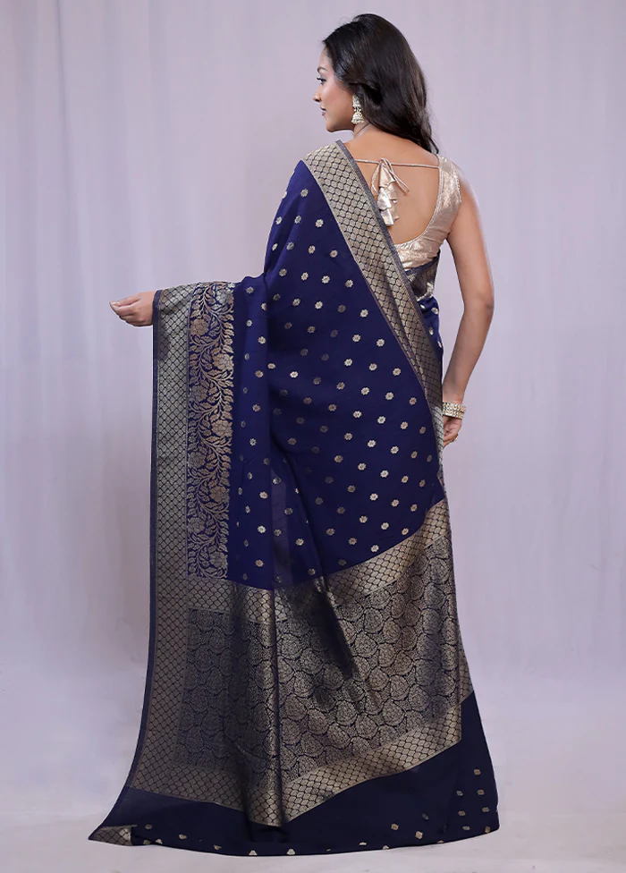 Blue Georgette Saree With Blouse Piece - Image 4