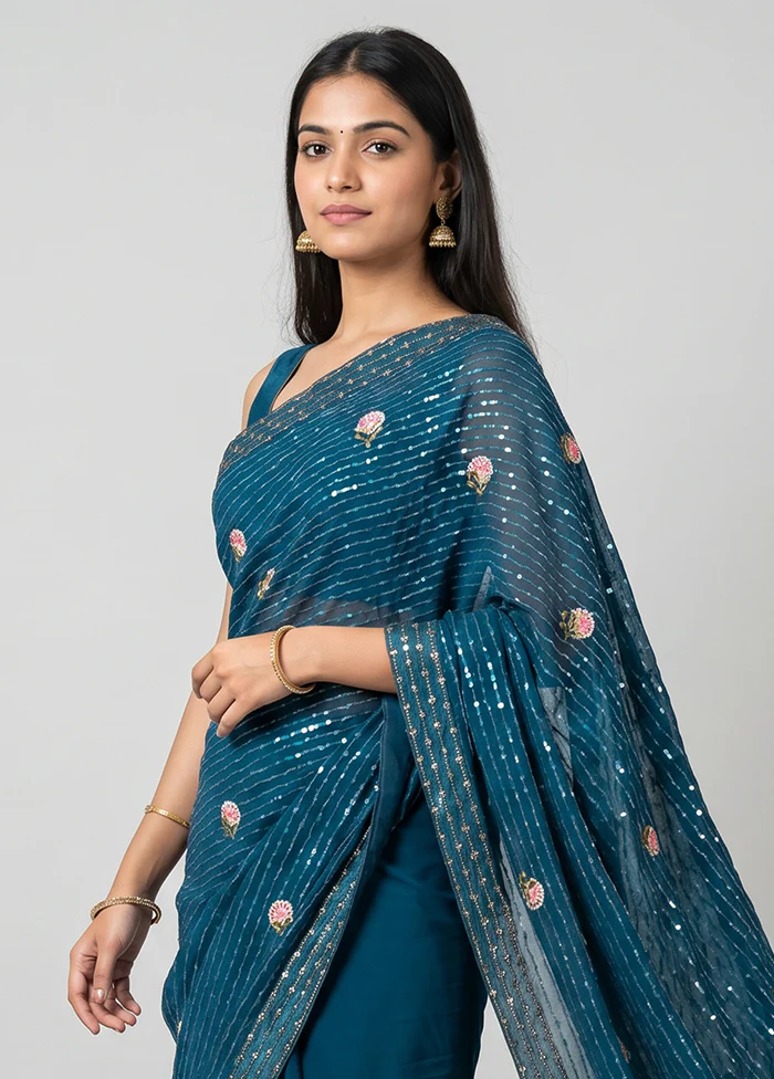 Blue Georgette Saree With Blouse Piece - Image 2