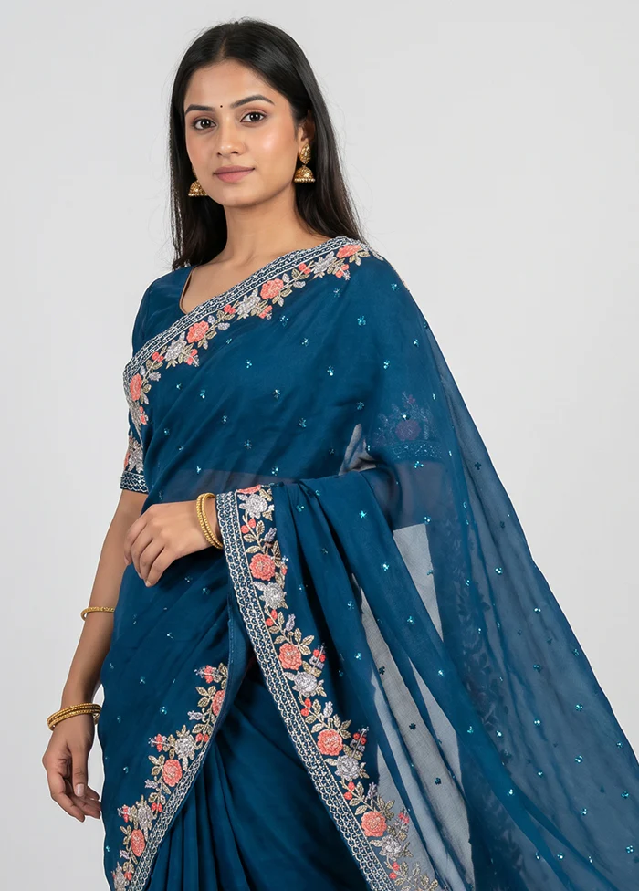 Blue Georgette Saree With Blouse Piece - Image 2