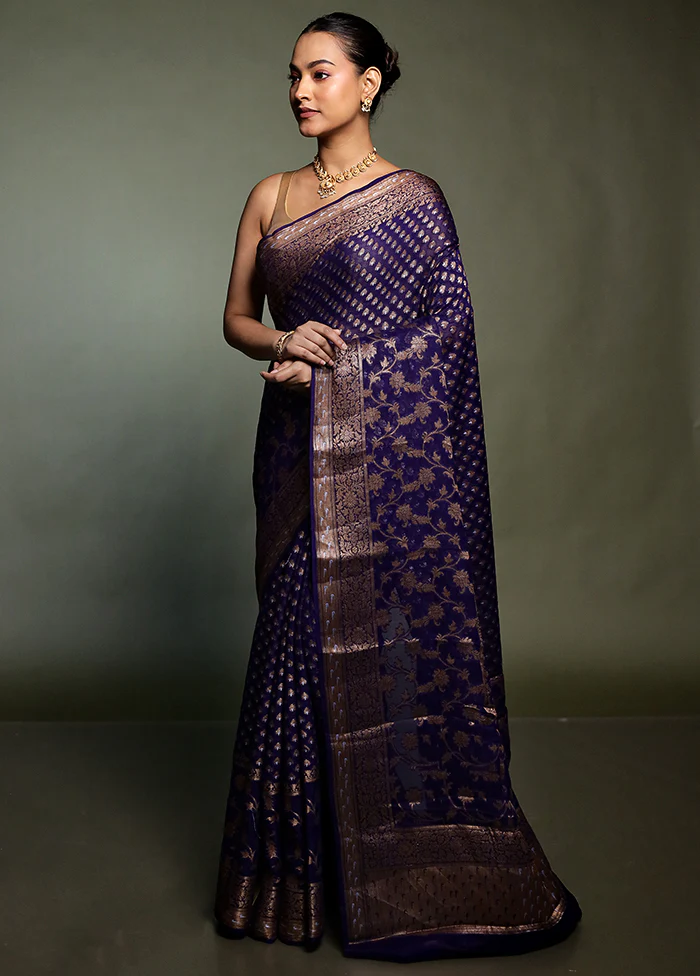 Blue Georgette Saree With Blouse Piece - Image 4
