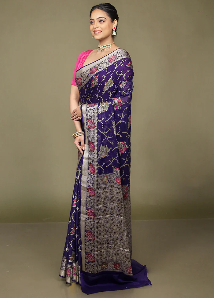 Blue Georgette Saree With Blouse Piece - Image 4