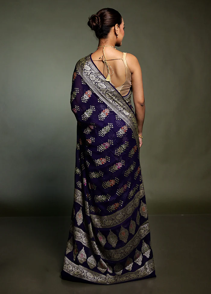 Blue Georgette Saree With Blouse Piece - Image 3