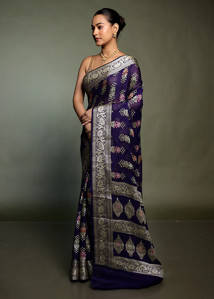 Blue Georgette Saree With Blouse Piece - Image 4