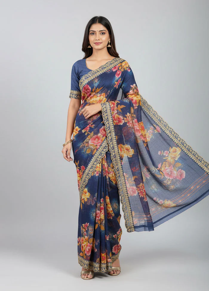 Blue Georgette Saree With Blouse Piece