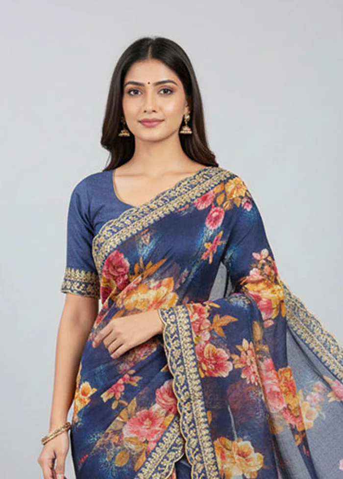 Blue Georgette Saree With Blouse Piece - Image 2