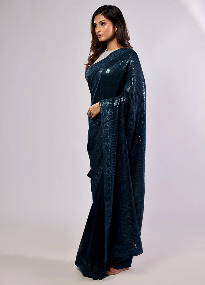 Blue Georgette Saree With Blouse Piece - Image 3