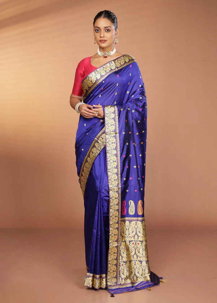 Blue Handloom Assam Pure Silk Saree With Blouse Piece - Image 2