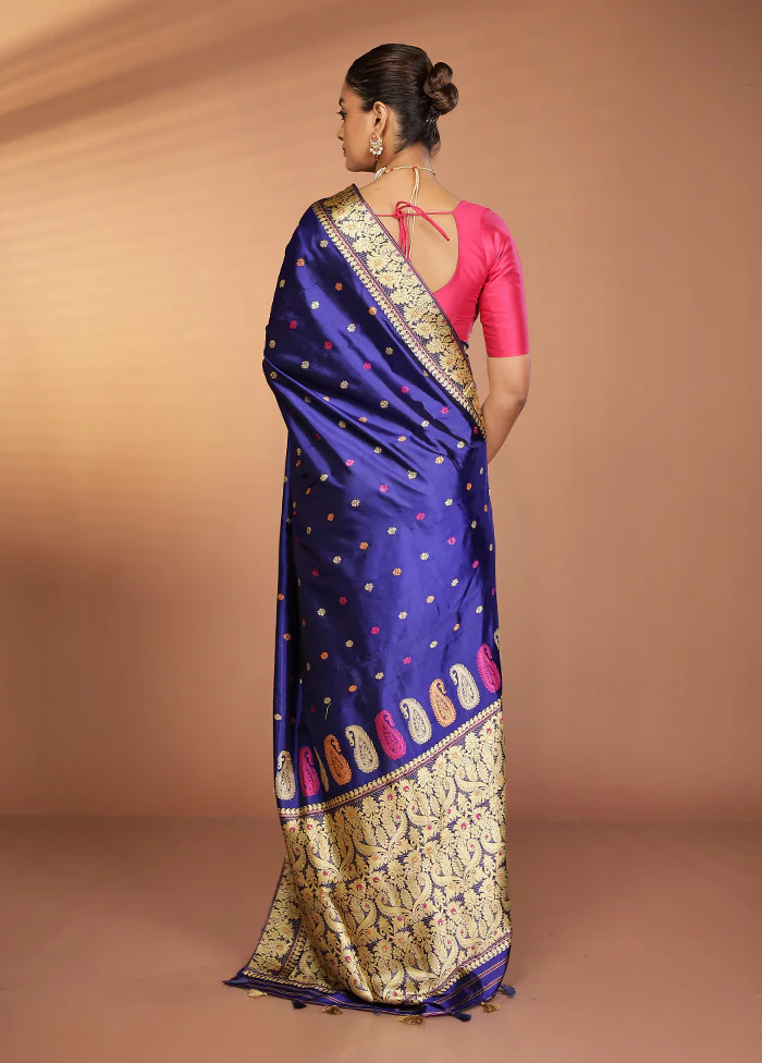 Blue Handloom Assam Pure Silk Saree With Blouse Piece - Image 3
