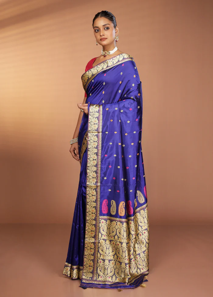 Blue Handloom Assam Pure Silk Saree With Blouse Piece - Image 4