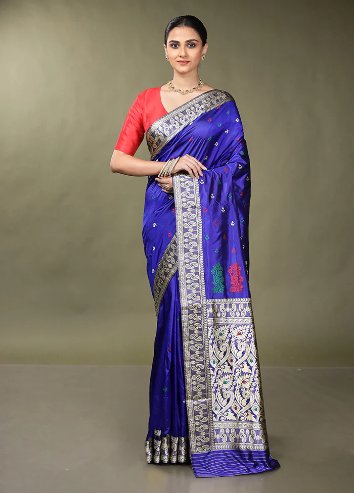 Blue Handloom Assam Pure Silk Saree With Blouse Piece - Image 2