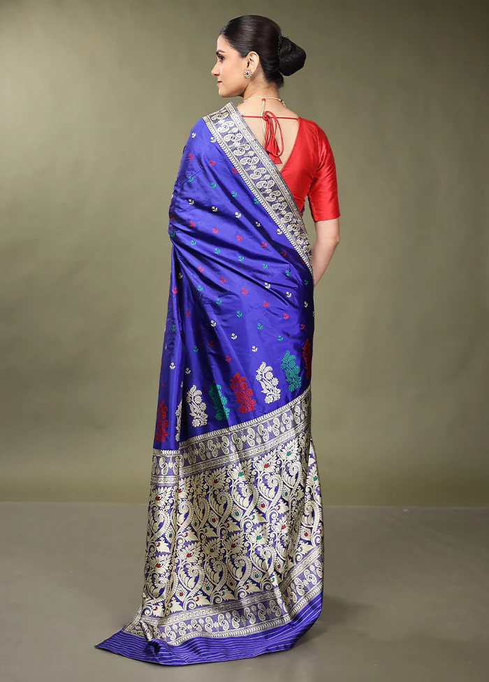Blue Handloom Assam Pure Silk Saree With Blouse Piece - Image 3