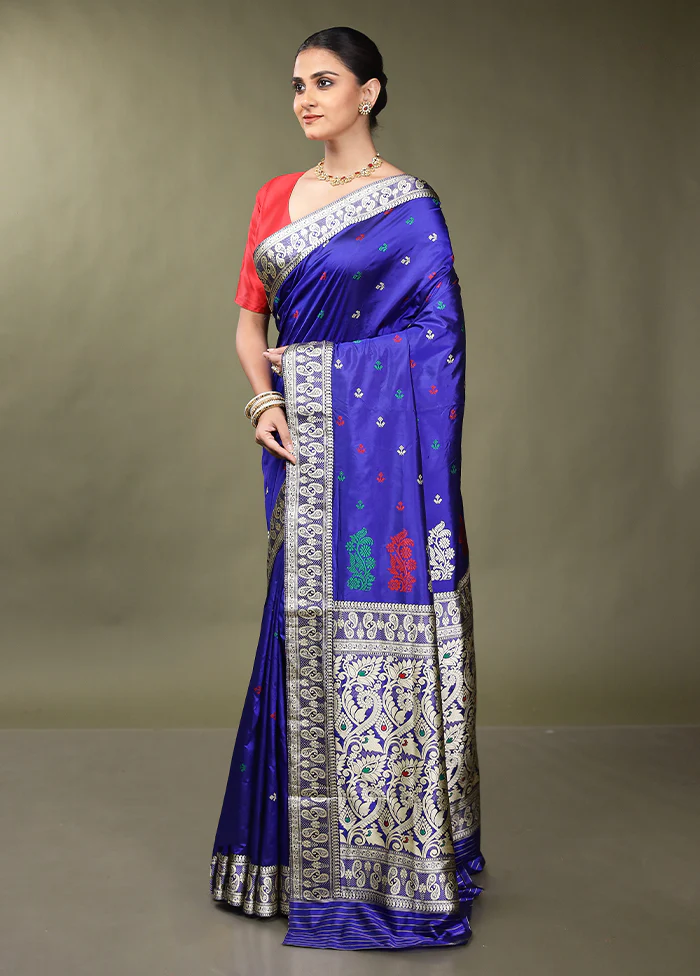 Blue Handloom Assam Pure Silk Saree With Blouse Piece - Image 4