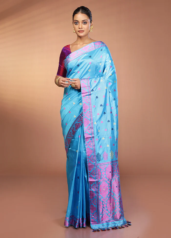 Blue Handloom Assam Pure Silk Saree With Blouse Piece - Image 2