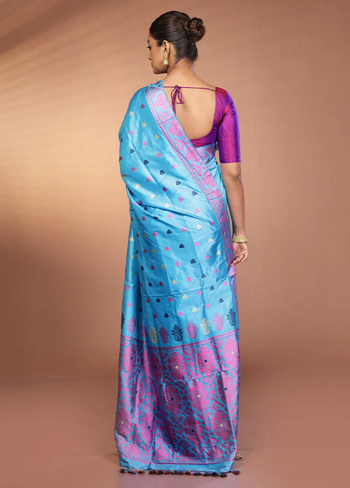 Blue Handloom Assam Pure Silk Saree With Blouse Piece - Image 3