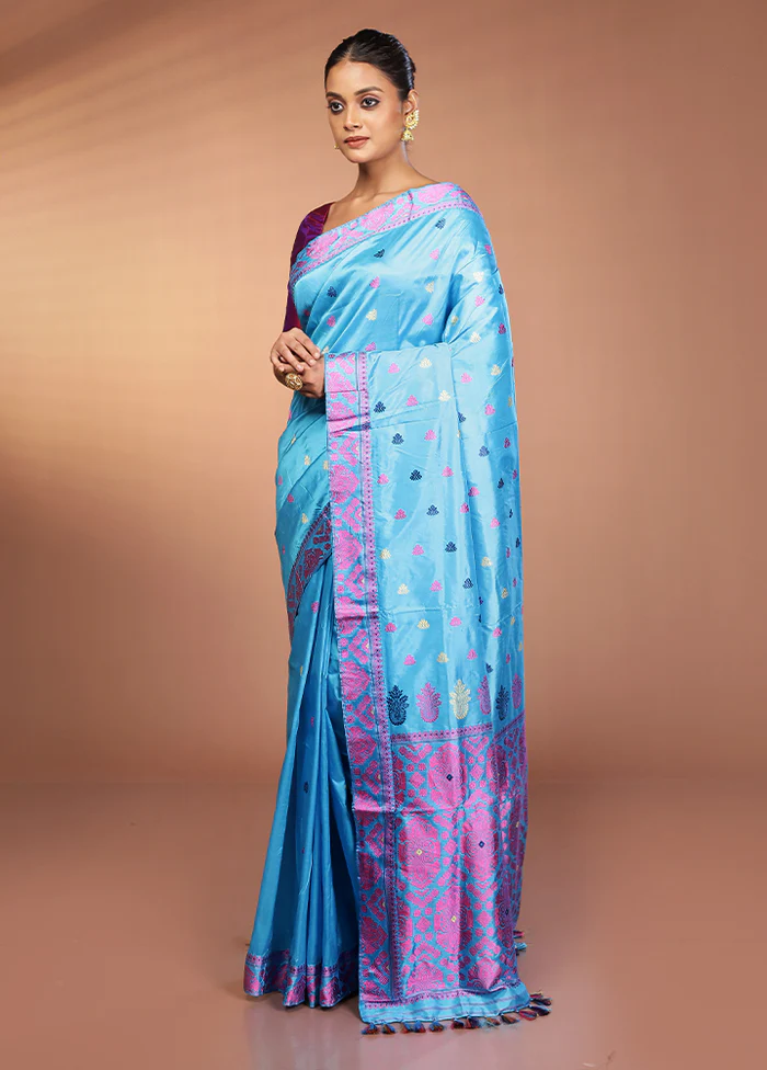 Blue Handloom Assam Pure Silk Saree With Blouse Piece - Image 4