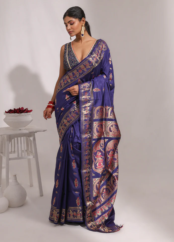 Blue Handloom Baluchari Pure Silk Saree With Blouse Piece - Image 2