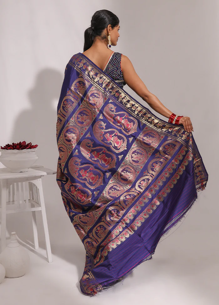 Blue Handloom Baluchari Pure Silk Saree With Blouse Piece - Image 3