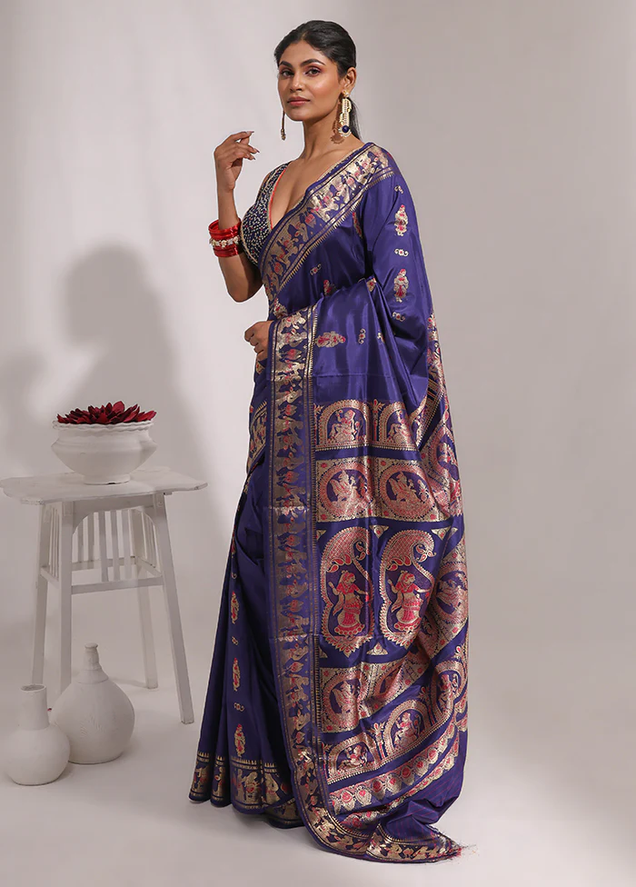 Blue Handloom Baluchari Pure Silk Saree With Blouse Piece - Image 4