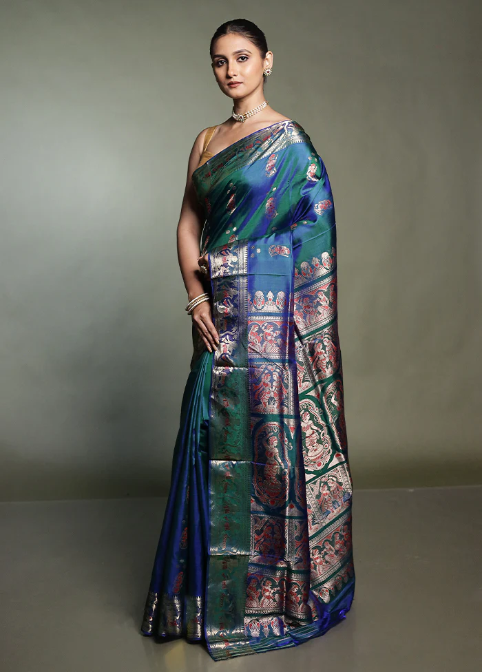 Blue Handloom Baluchari Pure Silk Saree With Blouse Piece - Image 4