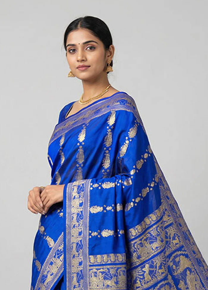 Blue Handloom Baluchari Pure Silk Saree With Blouse Piece - Image 2