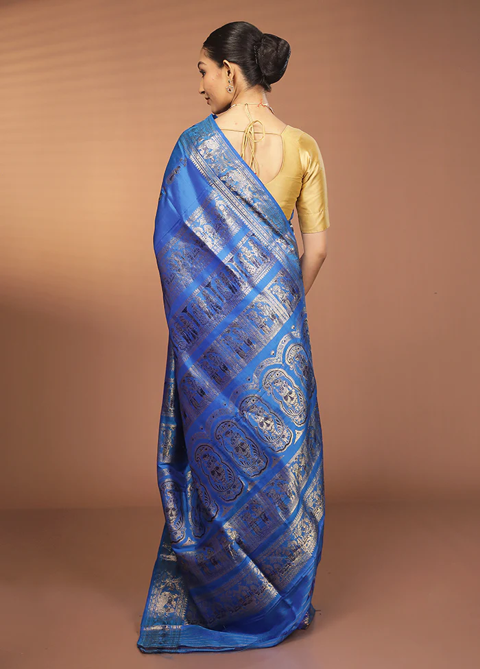 Blue Handloom Baluchari Pure Silk Saree With Blouse Piece - Image 3