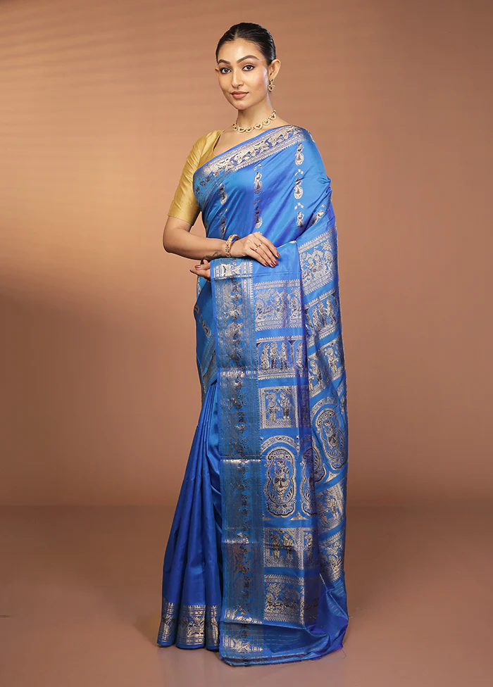 Blue Handloom Baluchari Pure Silk Saree With Blouse Piece - Image 4