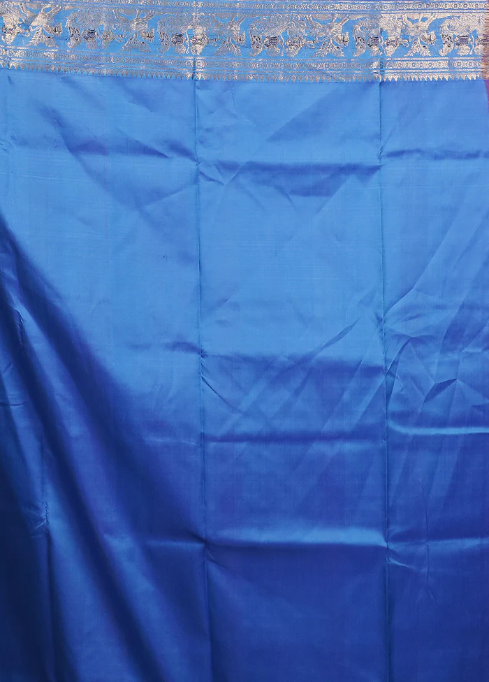 Blue Handloom Baluchari Pure Silk Saree With Blouse Piece - Image 5