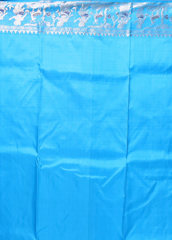 Blue Handloom Baluchari Pure Silk Saree With Blouse Piece - Image 5