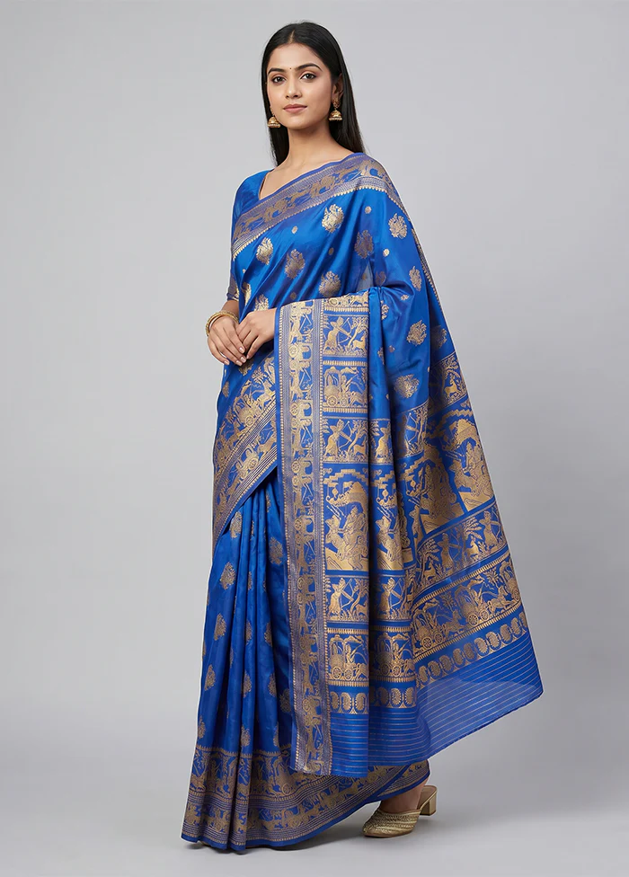 Blue Handloom Baluchari Pure Silk Saree With Blouse Piece