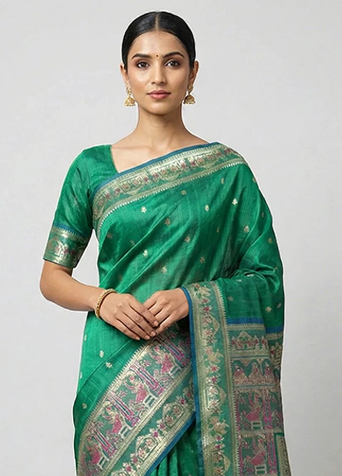 Blue Handloom Baluchari Pure Silk Saree With Blouse Piece - Image 2