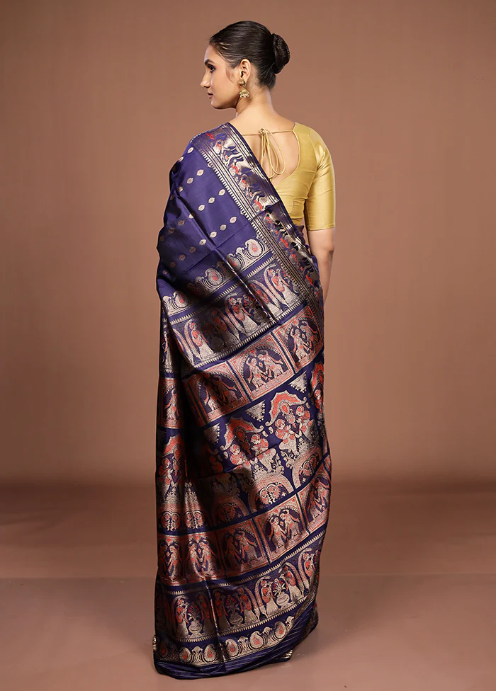 Blue Handloom Baluchari Pure Silk Saree With Blouse Piece - Image 3