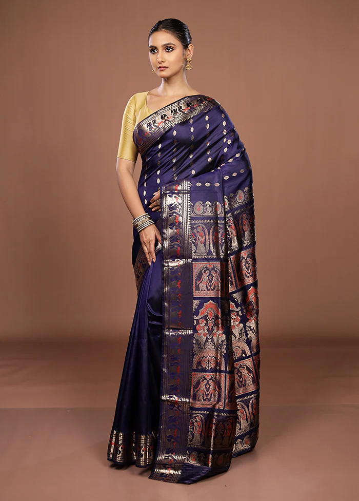 Blue Handloom Baluchari Pure Silk Saree With Blouse Piece - Image 4