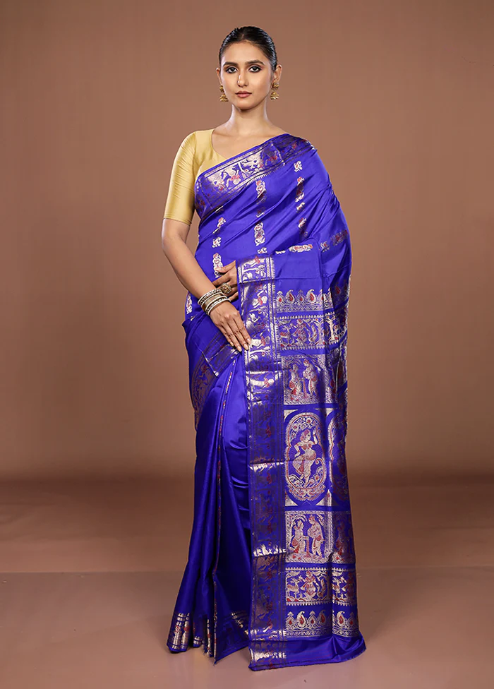 Blue Handloom Baluchari Pure Silk Saree With Blouse Piece - Image 2