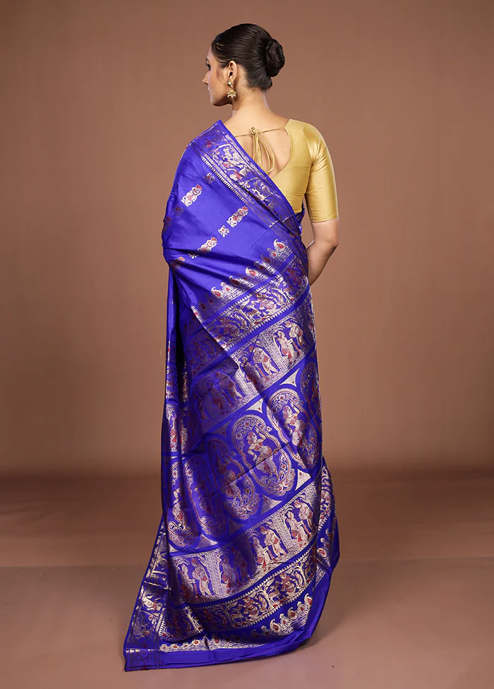 Blue Handloom Baluchari Pure Silk Saree With Blouse Piece - Image 3