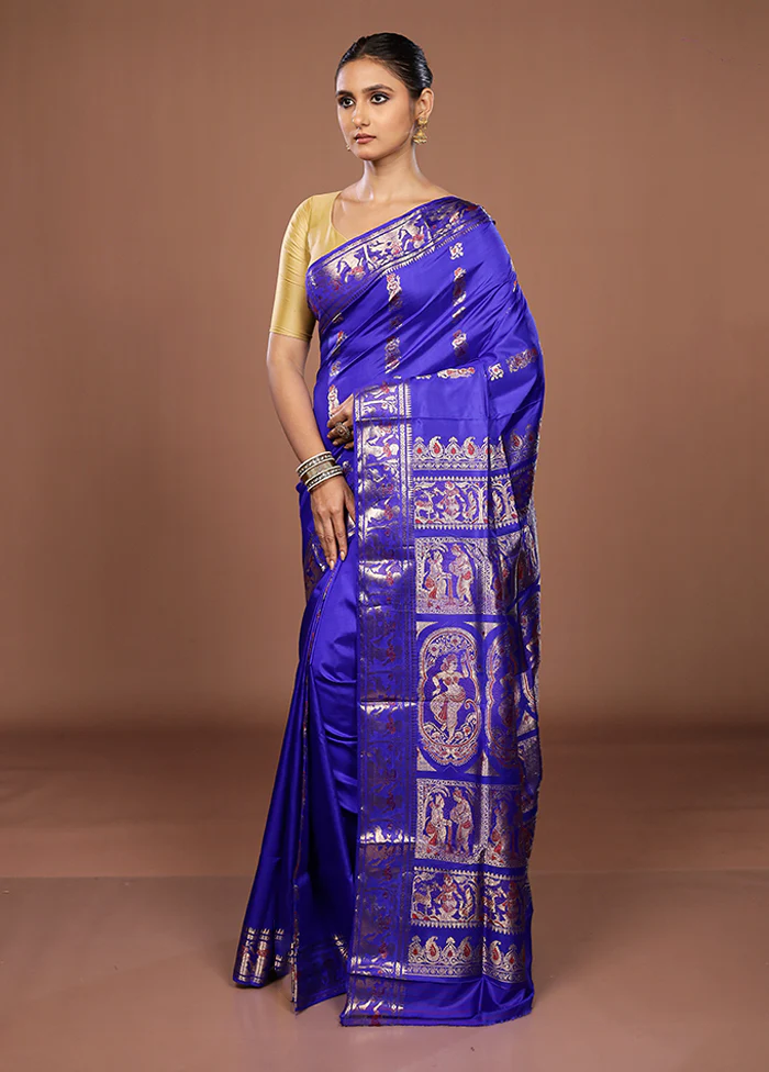 Blue Handloom Baluchari Pure Silk Saree With Blouse Piece - Image 4