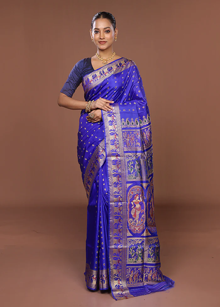 Blue Handloom Baluchari Pure Silk Saree With Blouse Piece - Image 2