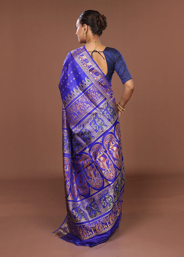 Blue Handloom Baluchari Pure Silk Saree With Blouse Piece - Image 3