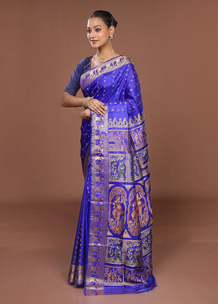 Blue Handloom Baluchari Pure Silk Saree With Blouse Piece - Image 4