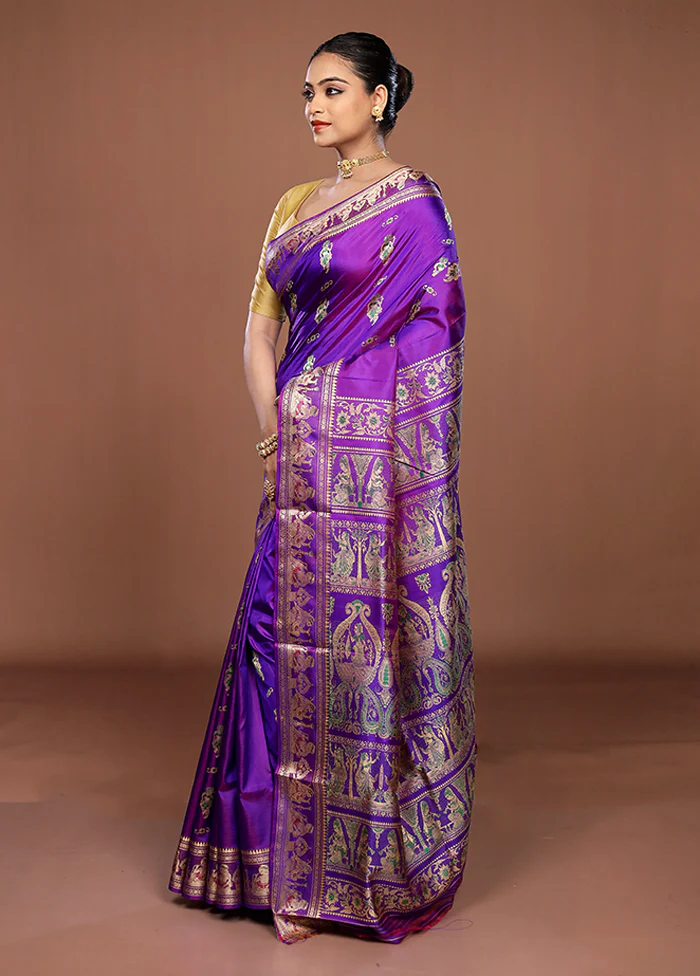 Purple Handloom Baluchari Pure Silk Saree With Blouse Piece - Image 4