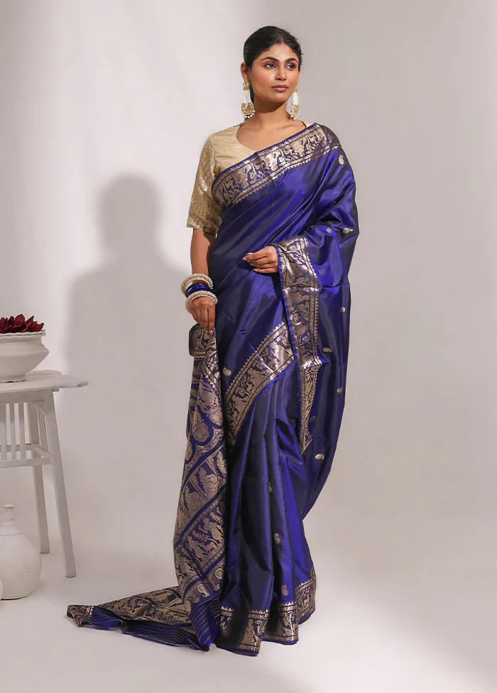 Blue Handloom Baluchari Pure Silk Saree With Blouse Piece - Image 2