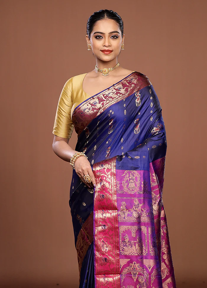 Blue Handloom Baluchari Pure Silk Saree With Blouse Piece