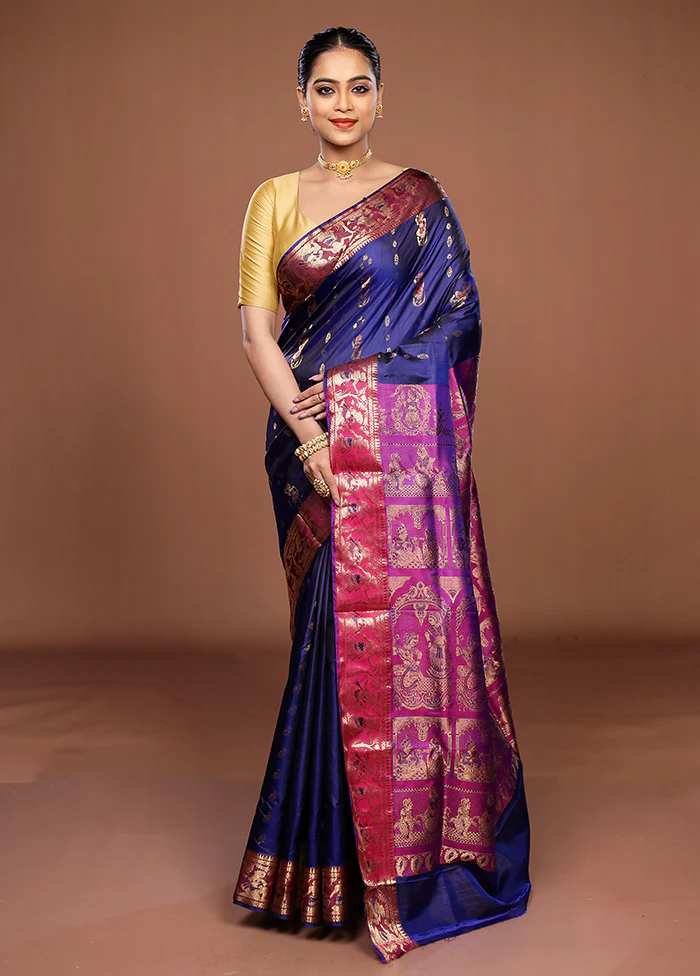 Blue Handloom Baluchari Pure Silk Saree With Blouse Piece - Image 2