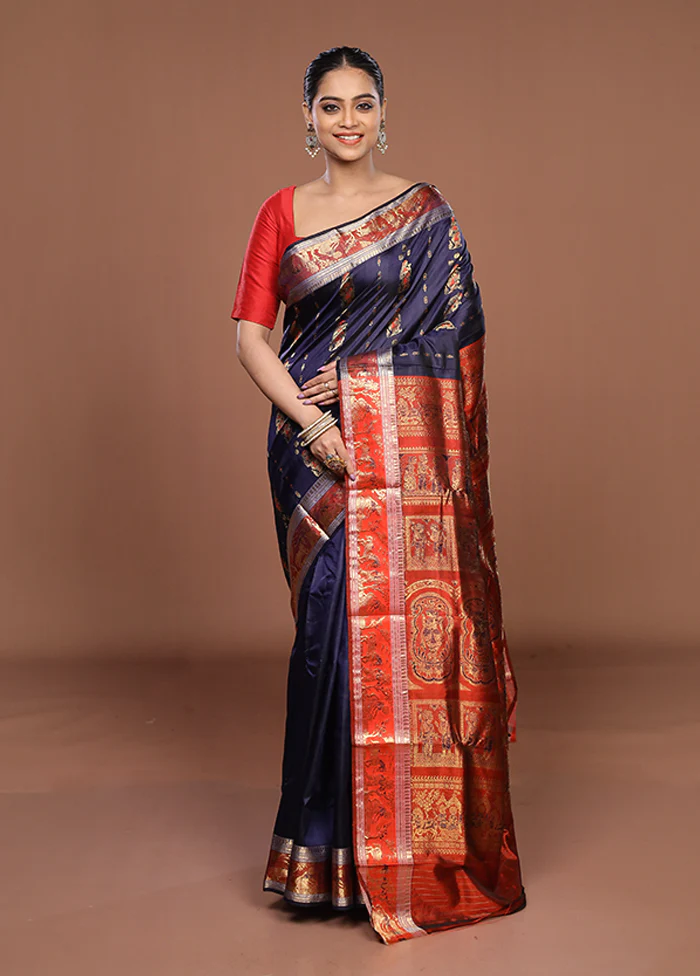 Blue Handloom Baluchari Pure Silk Saree With Blouse Piece - Image 2