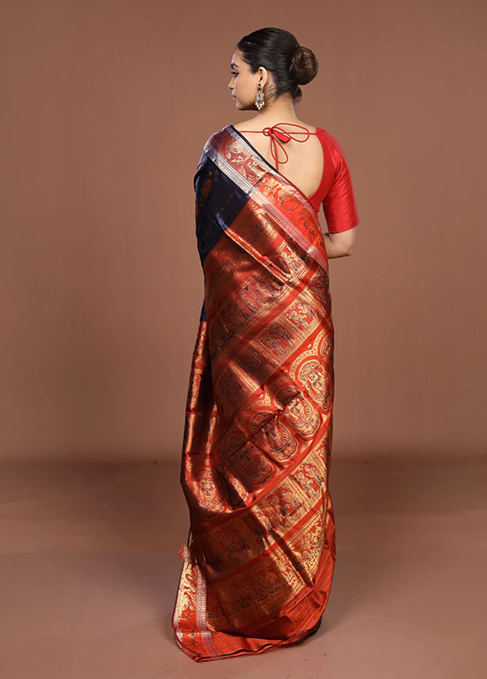 Blue Handloom Baluchari Pure Silk Saree With Blouse Piece - Image 3