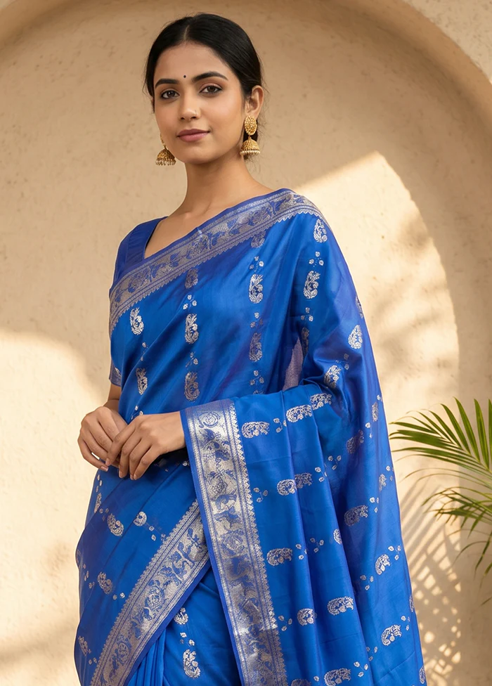 Blue Handloom Baluchari Pure Silk Saree With Blouse Piece - Image 2