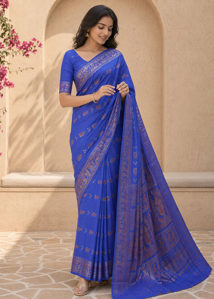 Blue Handloom Baluchari Pure Silk Saree With Blouse Piece - Image 3