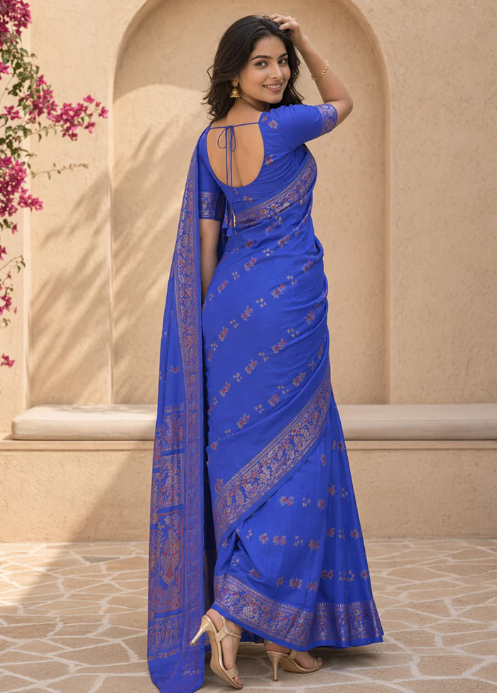 Blue Handloom Baluchari Pure Silk Saree With Blouse Piece - Image 4