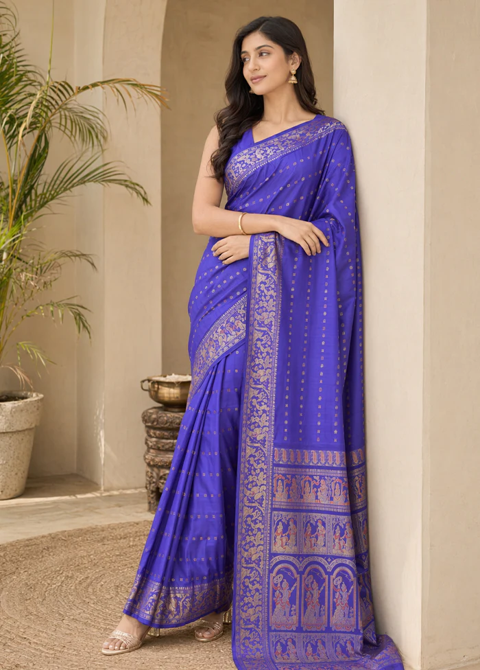 Blue Handloom Baluchari Pure Silk Saree With Blouse Piece - Image 3