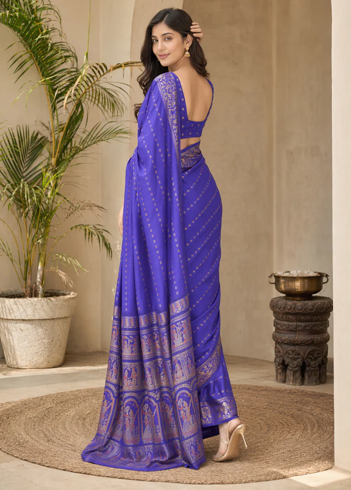 Blue Handloom Baluchari Pure Silk Saree With Blouse Piece - Image 4