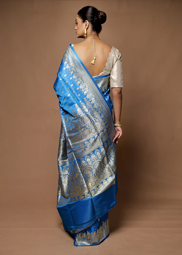 Blue Handloom Banarasi Pure Silk Saree With Blouse Piece - Image 3